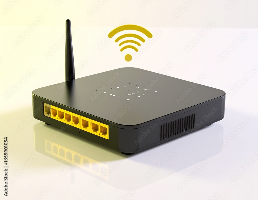 Fototapete 3d rendering of a black wireless internet router broadcasting a wifi signal for high-speed network c