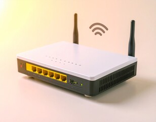 Contemporary white wireless router actively emitting strong digital signals, symbolizing reliable internet connectivity and efficient data transmission for modern homes and offices.