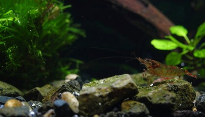 A red-spotted shrimp is seen amidst aquatic plants and stones in a tranquil aquarium setting.