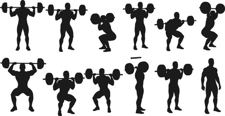 Silhouette illustrations of weightlifting exercises, barbell squats, strength training, fitness workout, gym routine, muscle building, exercise guide, proper form, athletic body