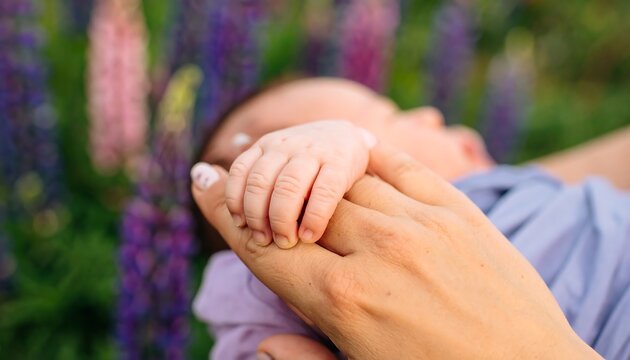 Tender touch of a parent's hand gently holding a newborn's tiny fingers amidst a field of purple wildflowers, highlighting the sweet and caring moment.