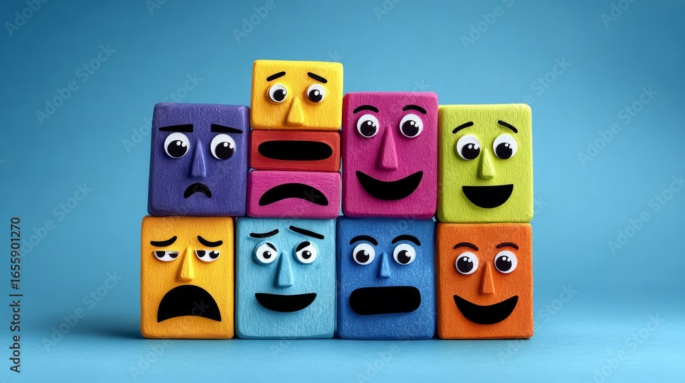 Aufkleber stack of colorful blocks with faces on them, some of which are sad and some of which are happy