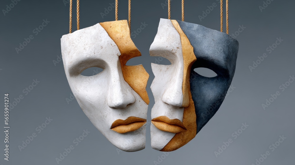 Poster two masks with a line dividing them. the masks are of different colors and sizes. the masks are hang