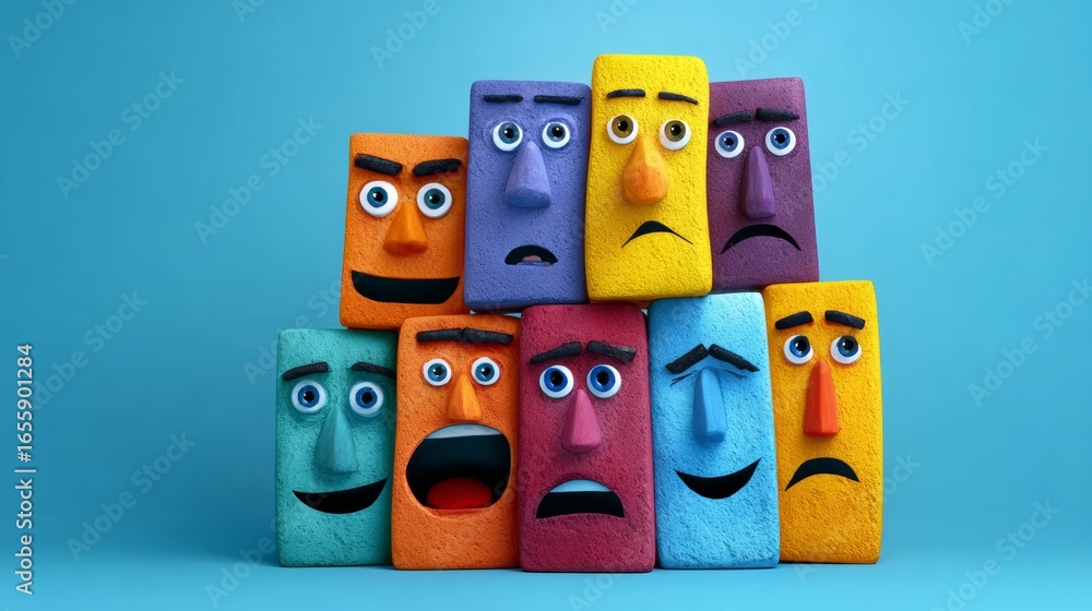 Aufkleber stack of colorful blocks with faces on them, one of which is smiling and the others are frowning