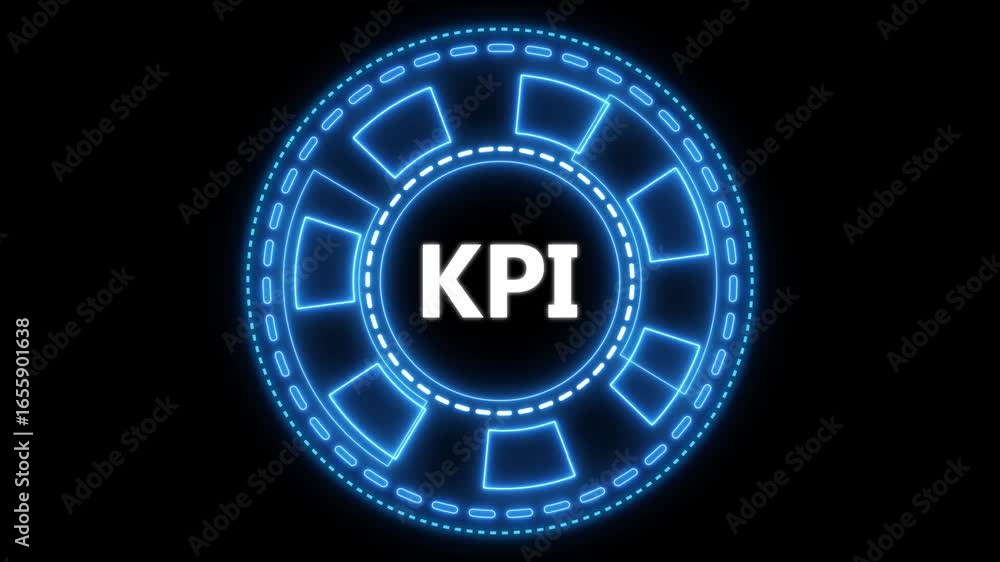 Poster animated glowing blue kpi icon rotating on a dark background for data analytics