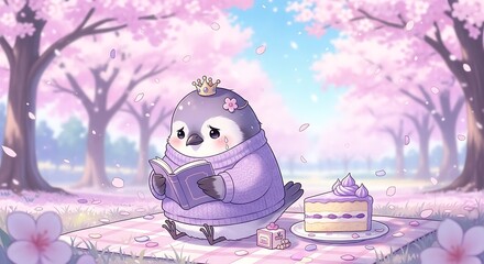A lonely penguin princess reads a book while having cake in a serene cherry blossom garden