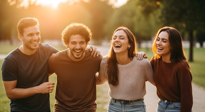Four young adults walking arm-in-arm outside, laughing and enjoying each other's company in a park setting.