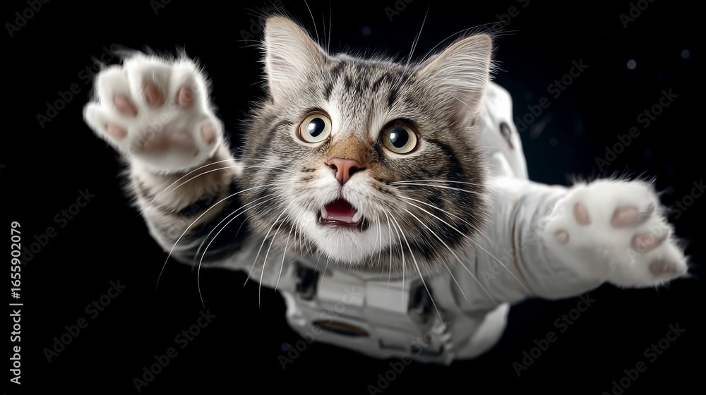 Poster cat is wearing a space suit and is flying through space. the cat is looking up at something, possibl