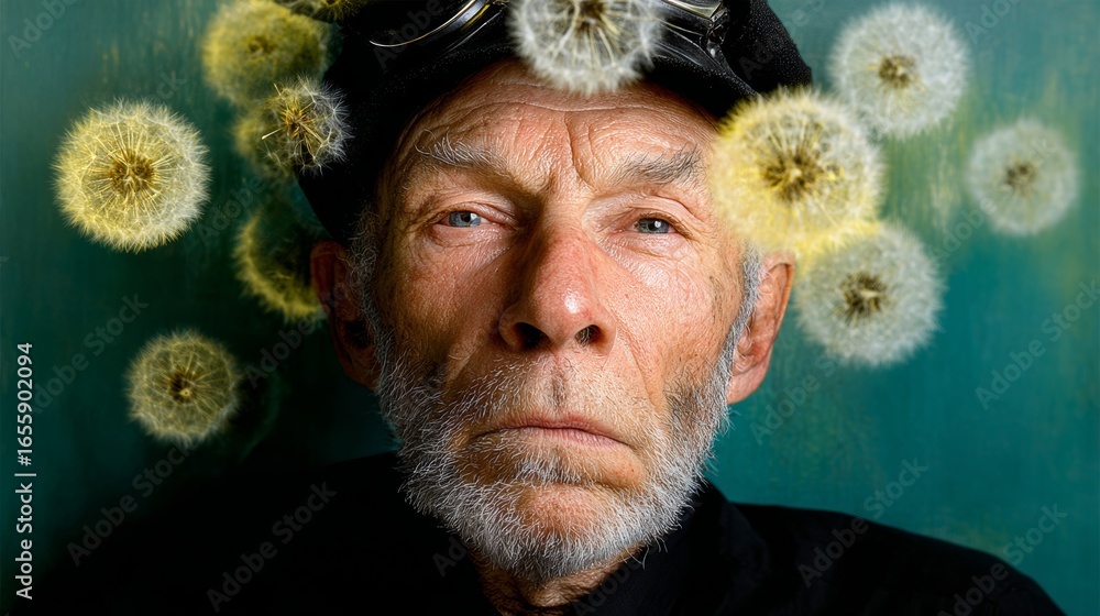 Poster man with a bald head and a black hat is surrounded by yellow dandelions. the image has a whimsical a