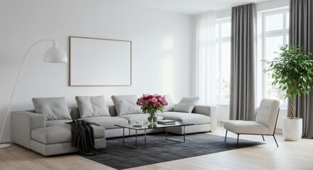 Cozy Living Room Minimalist Interior with Flowers  Natural Light.