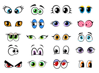 Cartoon character eyes for comic cute face and funny smiles, vector facial mascot icons. Cartoon eyes with eyelashes and emotions or expressions, happy, angry and crying tears or in love hearts or sad