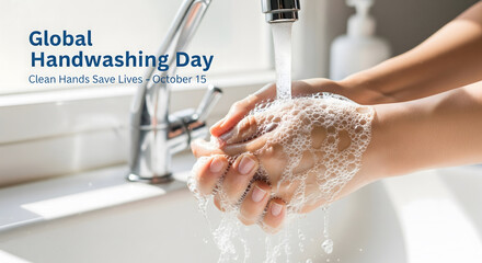 Close up of hands washing with soap and water in a sink for global handwashing day
