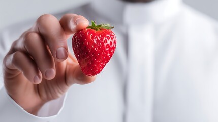 Obraz premium Close Up of a Arabian Man Hands Holding a Strawberry – Suitable for Be Used in Blog Posts, Social Media Posts and Website Content Related to Food, Fruit and Healthy Lifestyle Themes.