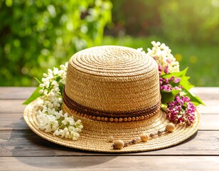 Straw hat adorned with lilac blossoms rests on wooden surface, sunlit garden background