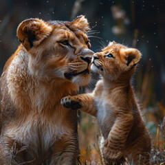 Fototapeta premium young lions playing in the snow.