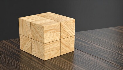 Light beige wooden blocks arranged in a cube shape on a dark wooden surface.