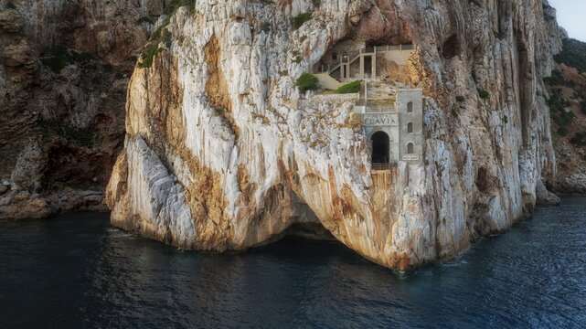 Aerial view of the stark white limestone cliffs contrasting against the deep blue sea, revealing the hidden staircase of the Grotta di Nettuno, Alghero, Sardinia, Italy.