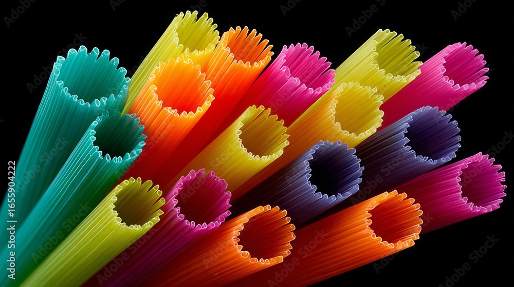 Poster bunch of colorful plastic straws are arranged in a spiral. the colors are bright and vibrant, creati