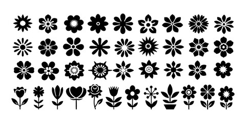 Black flower vector set feature abstract floral design silhouettes, and geometric patterns. Ideal for decoration, logos, and design projects. Includes minimalist botanical elements for creative illust © thrash