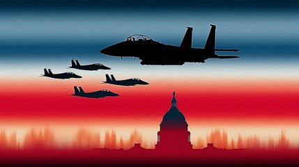 Group of fighter jets fly over the Washington Monument. The sky is red and orange, and the planes are silhouetted against the backdrop of the building. Concept of power and strength
