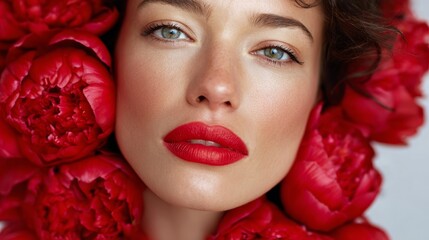 Woman with a red flower crown in her hair and red lipstick. The flowers are red and the woman's lips are also red. She has a beautiful and elegant look