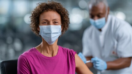 Woman is getting a shot and smiling. A man is giving her the shot. The woman is wearing a mask