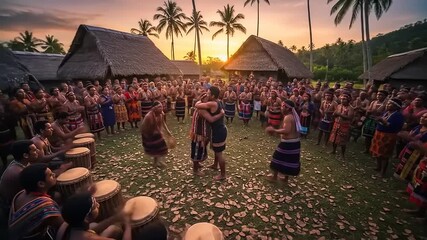 Traditional dance ceremony at sunset in a tropical village surrounded by palm trees and spectators