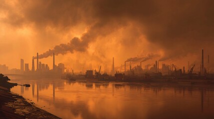 Industrial cityscape reflected in a calm river, shrouded in orange-tinged smog at dawn.