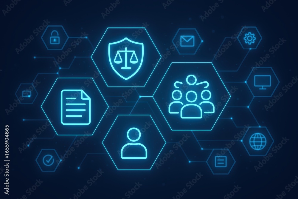Poster digital compliance: a collection of interconnected icons representing data privacy, regulations, and