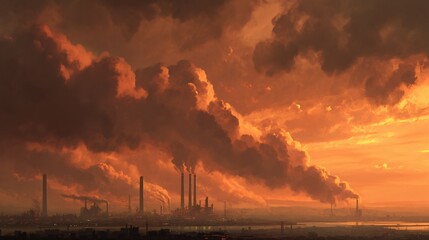Obraz premium Industrial smokestacks emit dark plumes against a fiery orange sunset sky, portraying pollution and environmental concerns.