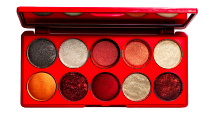 Open red compact case with ten sparkling shades of eyeshadow, cut out transparent