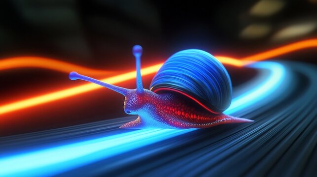Animated snail with a glowing blue shell and red highlights, speeding along a track with orange and blue light streaks in a blurred background.