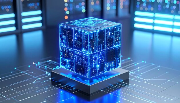 A glowing, translucent cube, depicting complex circuit boards, rests on a platform of circuit traces, showcasing futuristic technology in a server room setting.
