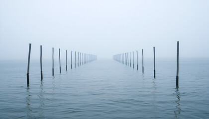 A surreal path of poles disappearing into the calm sea horizon with foggy atmosphere.