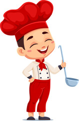 Cartoon boy chef dressed in a red and white uniform, holding a soup ladle and smiling proudly. Isolated vector joyful kid in toque cooking. Child preparing food, restaurant and culinary children cook