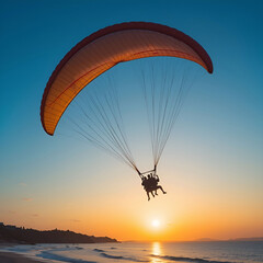 A paraglider soaring above the seashore at sunset, capturing the thrill of paragliding.