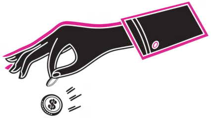 Elegant hand in a suit jacket dropping a coin with a neon pink outline isolated on transparent background