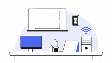 Modern Minimalist Home Office Workspace: Desk Setup with Computer, Laptop, and Smart Devices.