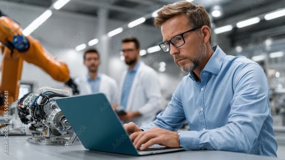 Poster innovation in precision engineering: a focused engineer immersed in the digital realm, meticulously 