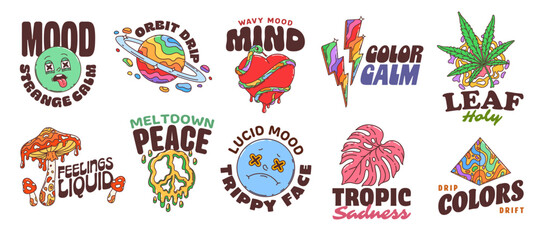 Cartoon y2k hippie groovy stickers. Vector psychedelic set featuring abstract expressive faces, liquid textures, trippy elements and surreal typography with dreamy, distorted and emotional retro vibe