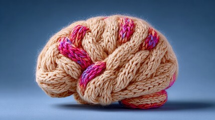 Knitted brain with pink, purple and blue yarn. The yarn is knitted in a way that it looks like the brain is made of yarn