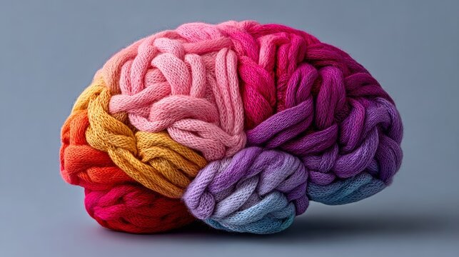 Knitted brain with many colors. The colors are red, yellow, blue, and purple