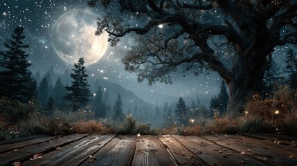 Fototapeta premium Halloween background with empty central copy space on wooden board underlay, framed by moonlit graveyard with tombstones. Spooky season banner, wallpaper