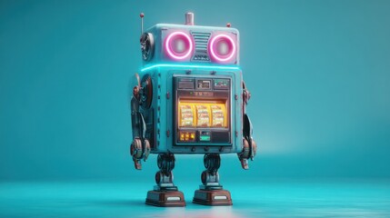 Retro robot slot machine with neon lights illustration for casino promotions