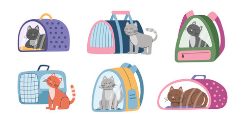 A set of cats and carriers. Concept of travel with pet. Illustration of cats sitting in the carrier or nearby it. Vector flat clipart.  © Julia Anisimova