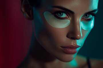 Close-up of a woman with eye patches under glowing neon lighting for skincare and beauty treatment