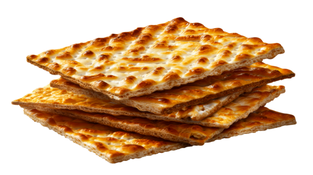 Stack of golden-brown baked flatbreads with a textured surface, cut out transparent
