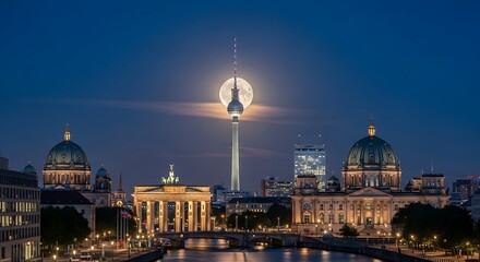 Fototapeta premium Berlin Skyline at Night with Moon.