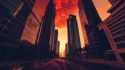 Cityscape view of tall buildings under a fiery orange and red sunset sky