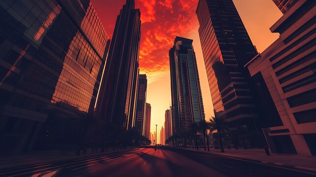 Cityscape view of tall buildings under a fiery orange and red sunset sky - Powered by Adobe